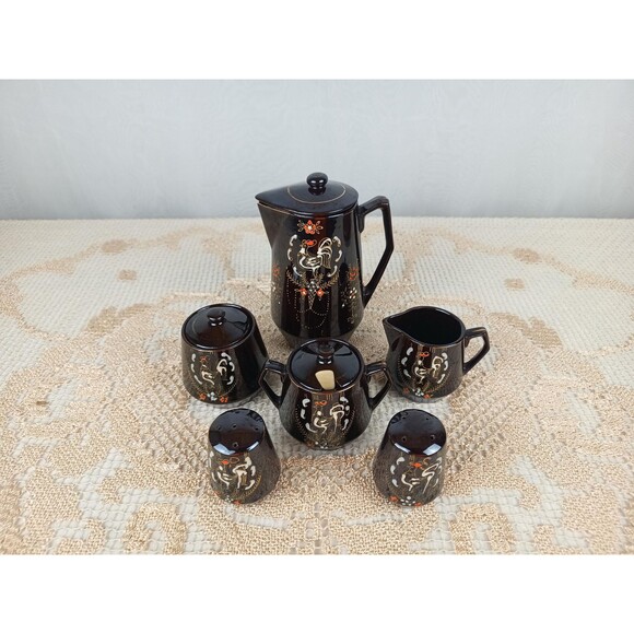 Japanese Style Hand Painted Tea Set And Salt Pepper Shaler Chocolate Rooster - Picture 2 of 9